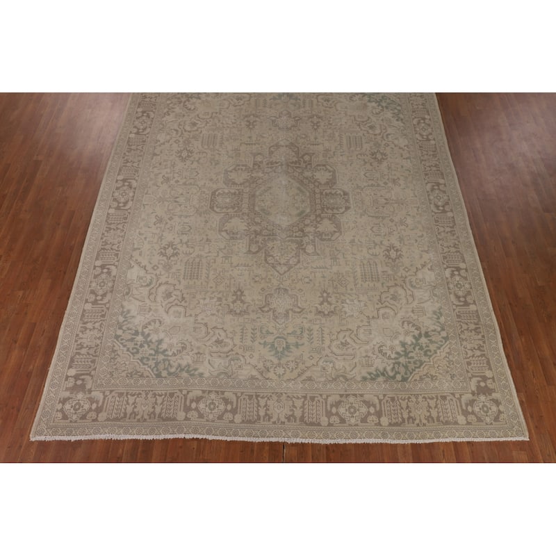 Distressed Muted Tabriz Persian Vintage Rug Handmade Wool Carpet - 9'10" x 12'8"