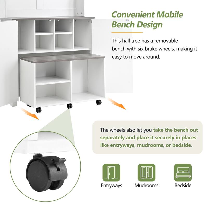 Farmhouse Hall Tree with Shoe Storage Cabinet, Coat Rack, and Movable Bench with 6 Wheels for Hallway Entryway Organizer
