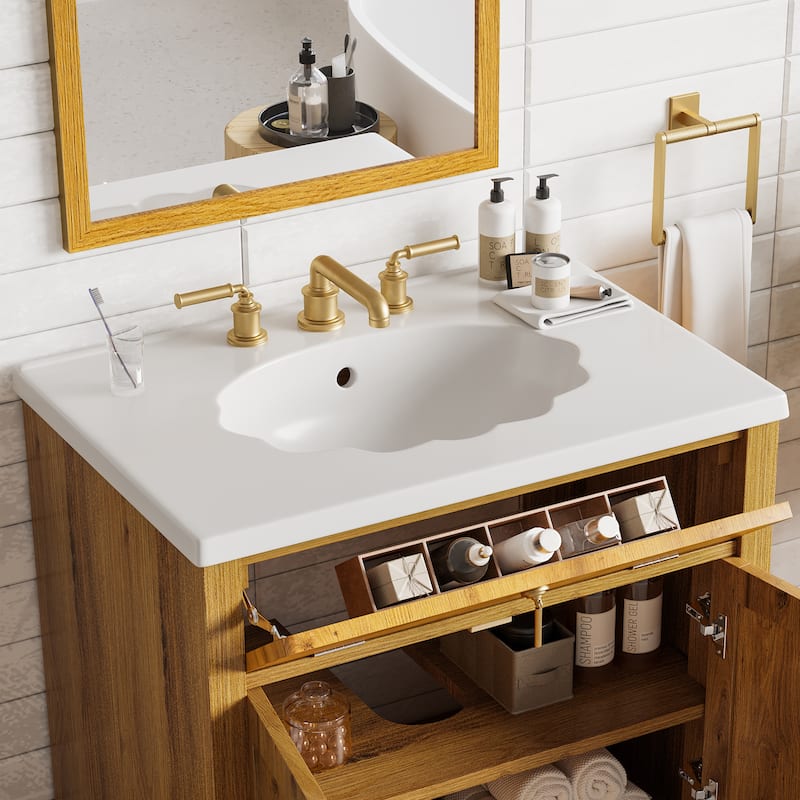 Christopher Knight Home - Jin 30-Inch Walnut Bathroom Vanity: Seashell Resin Sink & Flip-Up Storage
