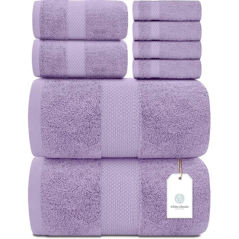 White Classic Luxury Cotton 8Pc Multi Size Towel Set [2 Bath Towels, 2 Hand Towels, 4 Washcloths] - Lavender