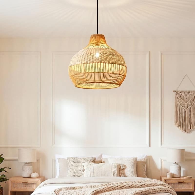 17" Bohemian Round Woven Wicker Adjustable Pendant Hanging Light for Dining Room