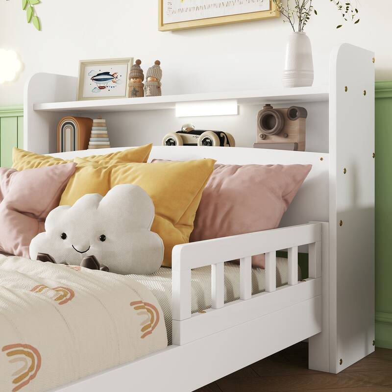 Pine Wood Bed with Bookcase Headboard