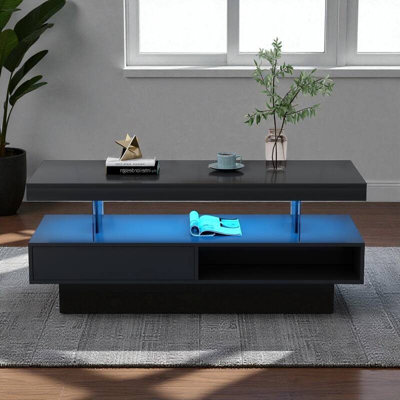 51.2'' LED Coffee Table with 2 Drawers and Shelves, Modern High Gloss Center Table with Storage for Living Room - Black