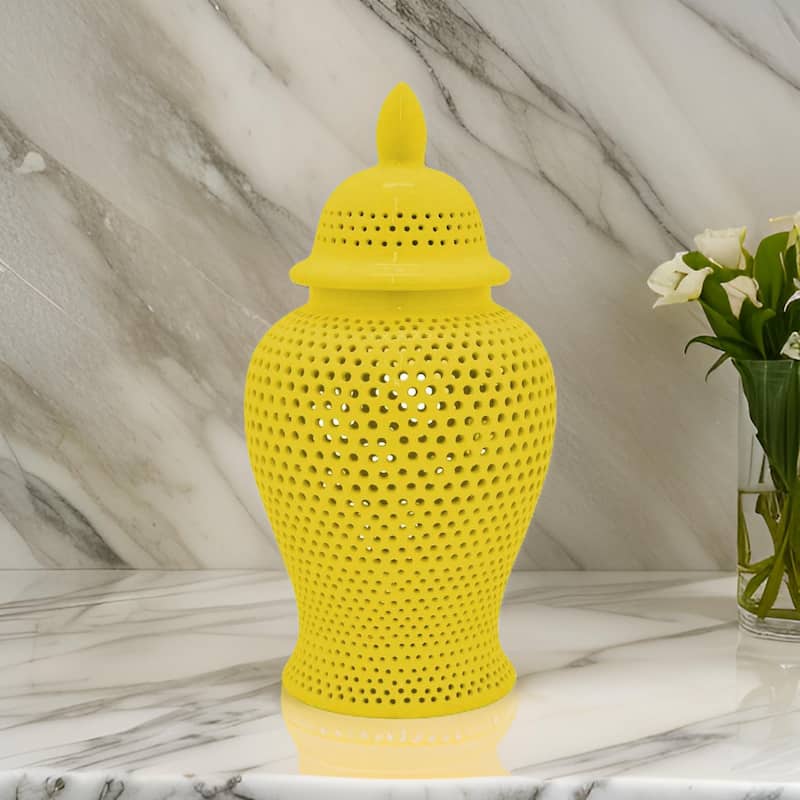 Deni 25 Inch Ginger Jar, Carved Cutout Lattice, Removable Lid, Yellow