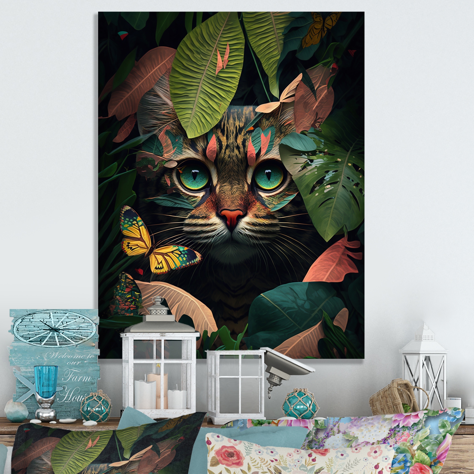 Designart Cute Cat With Butterfly In Jungle Bushes IV Animals Cat Canvas Wall Art 16 in. wide x 32 in. high