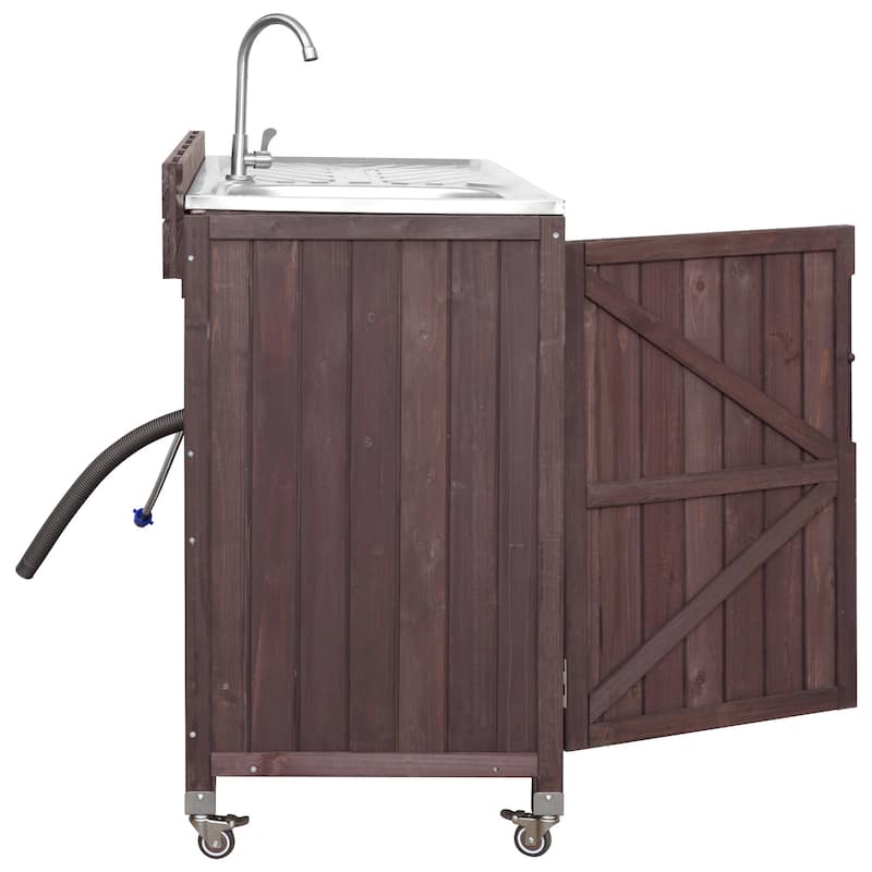 39.4" Outdoor Kitchen Island with Sink, Outdoor Kitchen Cabinet with Back Splash & 4 Wheels for Pizza Prep