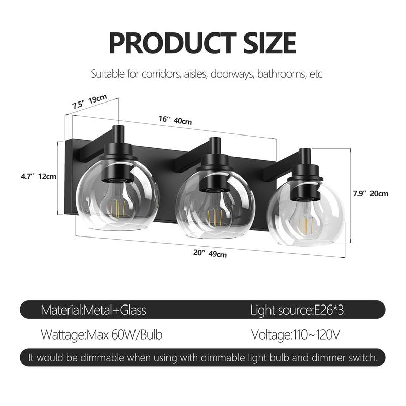 Bathroom Vanity Light,Modern 3-Light Bathroom Lighting Fixtures Over Mirror with Clear Glass Shade and Metal Base - Black