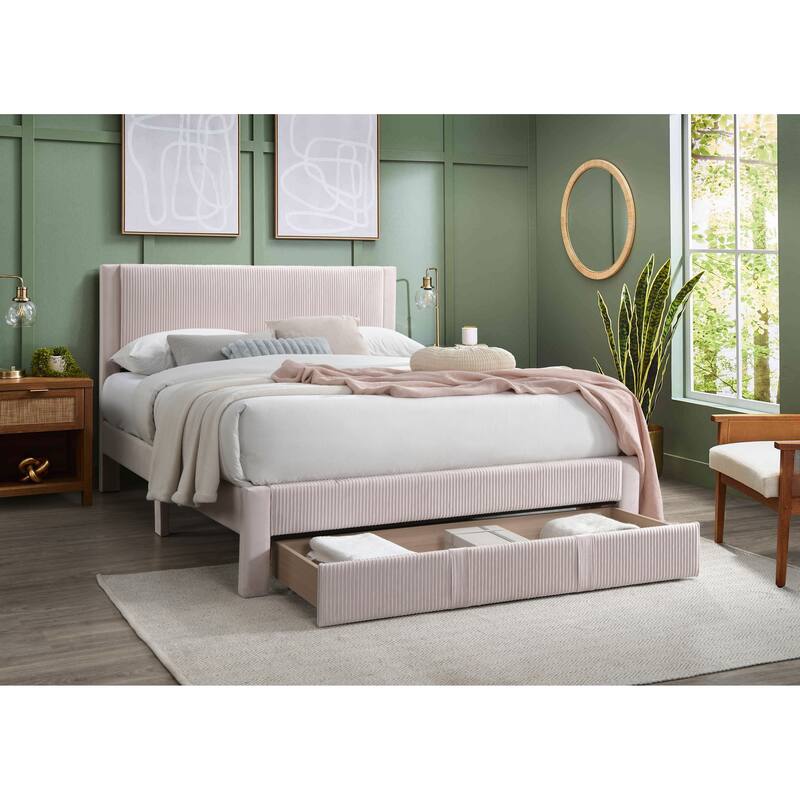 Queen Size Corduroy Platform Bed with Storage Drawer and Channel-Tufted Headboard and Contemporary Design