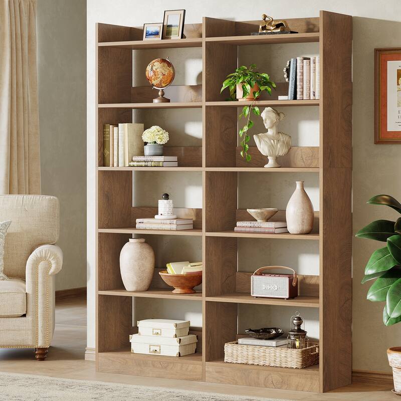 70.87'' Tall Bookshelf, 6-Tier Farmhouse Double Wide Bookshelves - Brown