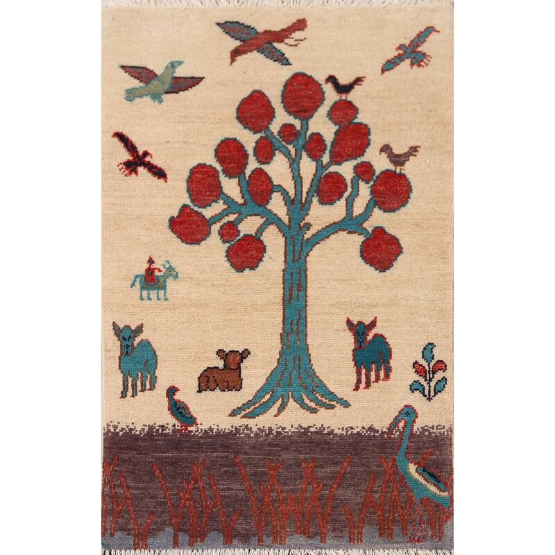 Animals Design Ziegler Foyer Rug Handmade Beige Wool Carpet - 2'0" x 2'11"