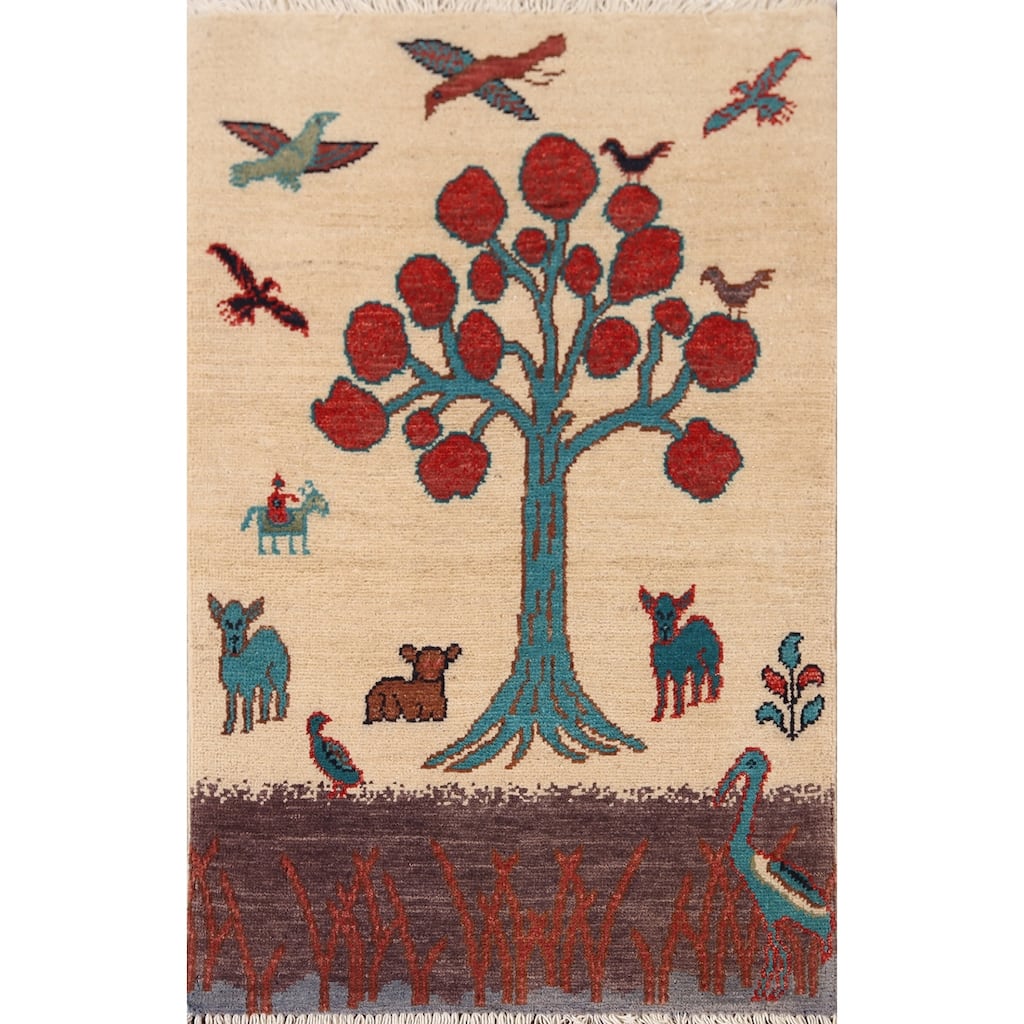 Animals Design Ziegler Foyer Rug Handmade Beige Wool Carpet - 2'0" x 2'11"