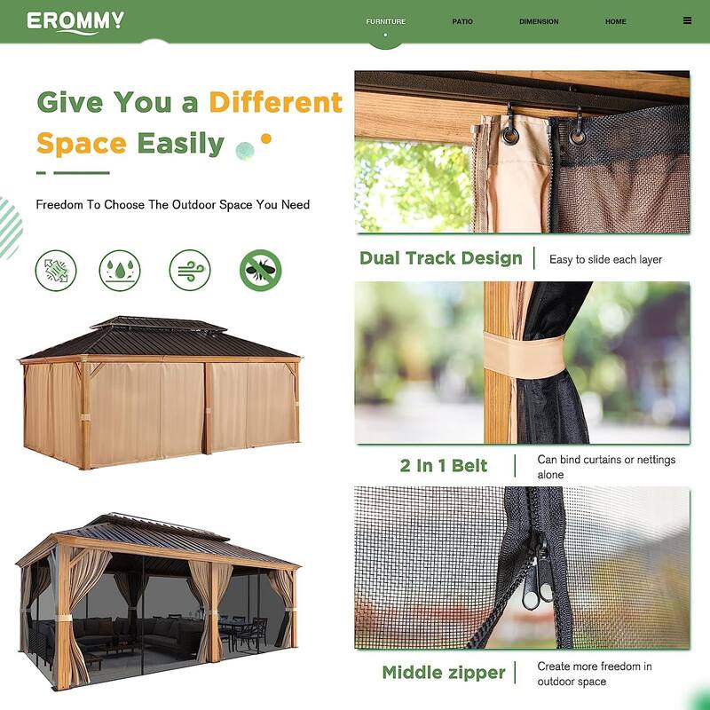 Outdoor Hardtop Gazebo, Wooden Finish Coated Aluminum Frame w Galvanized Steel Double Roof with Premium Curtains and Netting