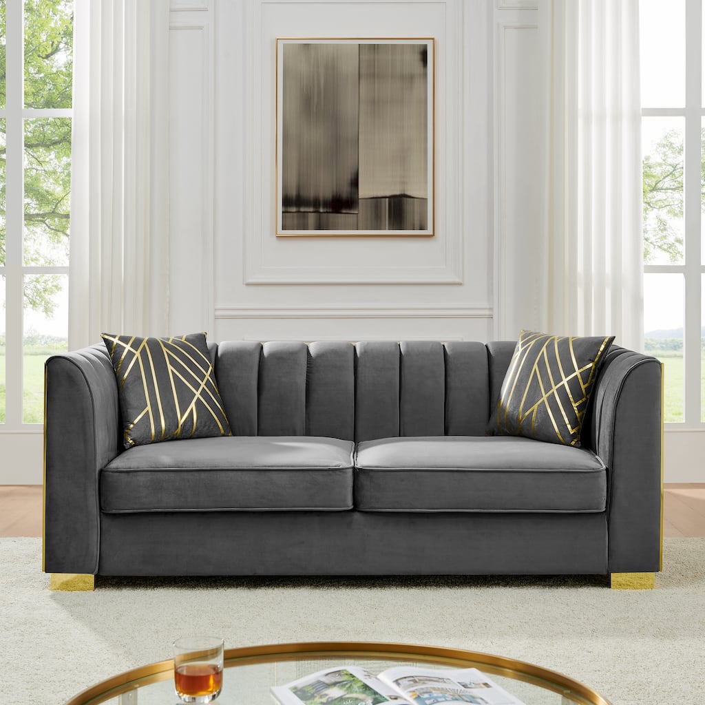 Velvet Chesterfield 3 Seater Sofa, Button Tufted Upholstered Sofa, Lounge Sofa with Stainless Steel Accents & Metal Legs