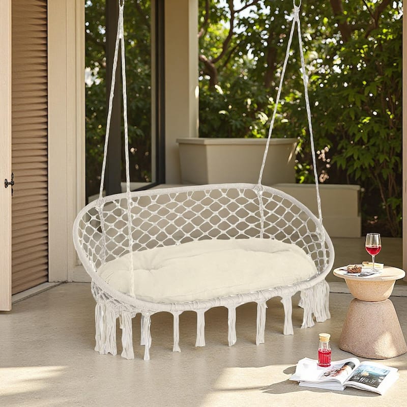 Steel Frame 2-Person Macrame Hammock Chair with Includes Cushion and 704lb Capacity - White