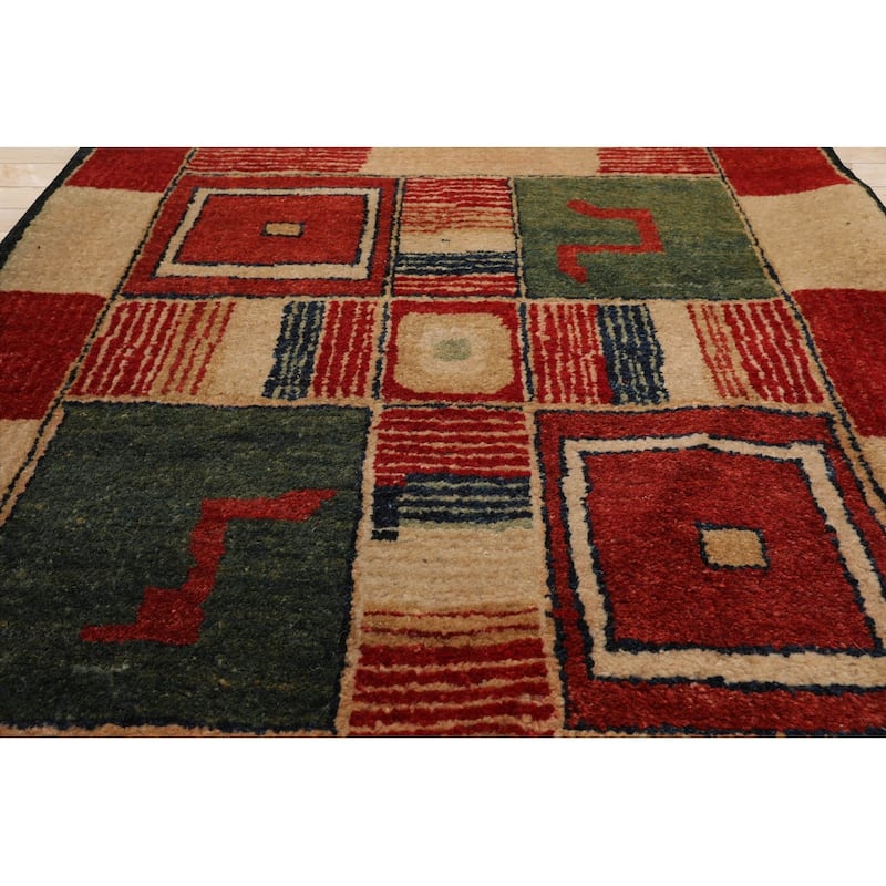 Hand Knotted Red, Green Tibetan Wool Modern Oriental Area Rug - 2' 7'' x 12' 3''