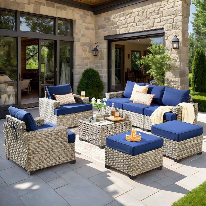 XIZZI 8-piece Patio Furniture Outdoor Rattan Conversation Set - Navy Blue
