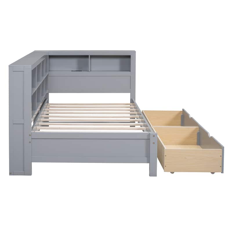 Wooden DayBed with Storage Shelf and USB Charging Ports
