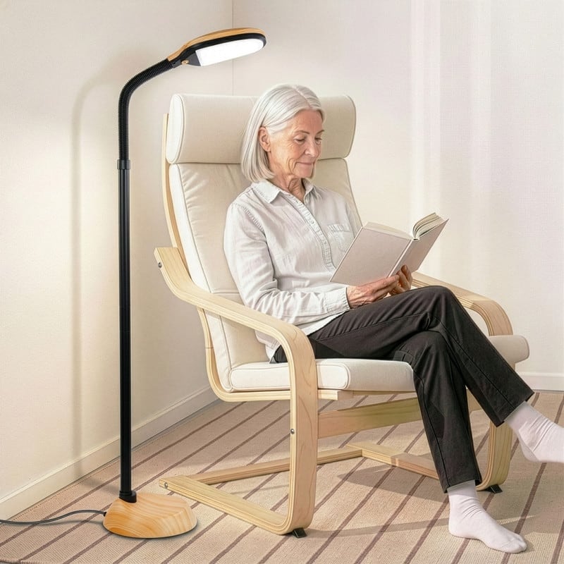 Brightech Litespan 53 in. Natural Wood Industrial Dimmable LED Floor Lamp with Height Adjustable Gooseneck Head