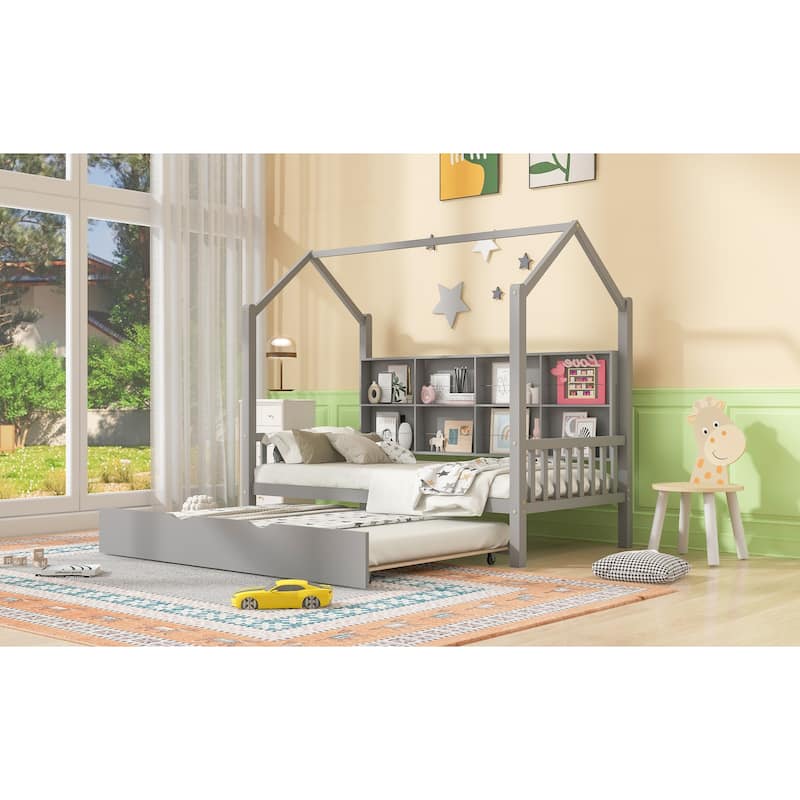 Pine Kids House Platform Bed with Trundle, Shelf, and Roof