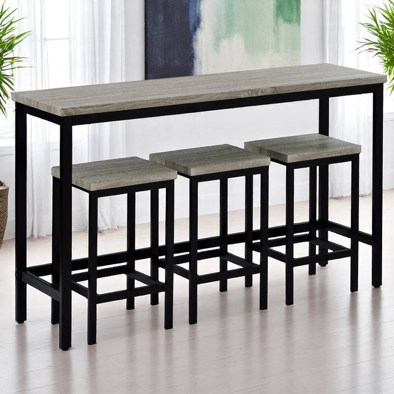 4-Piece Counter Height Dining Table Set with 3 Stools, Pub Table with Footrests, Metal Frame Kitchen Bar Set for Small Spaces