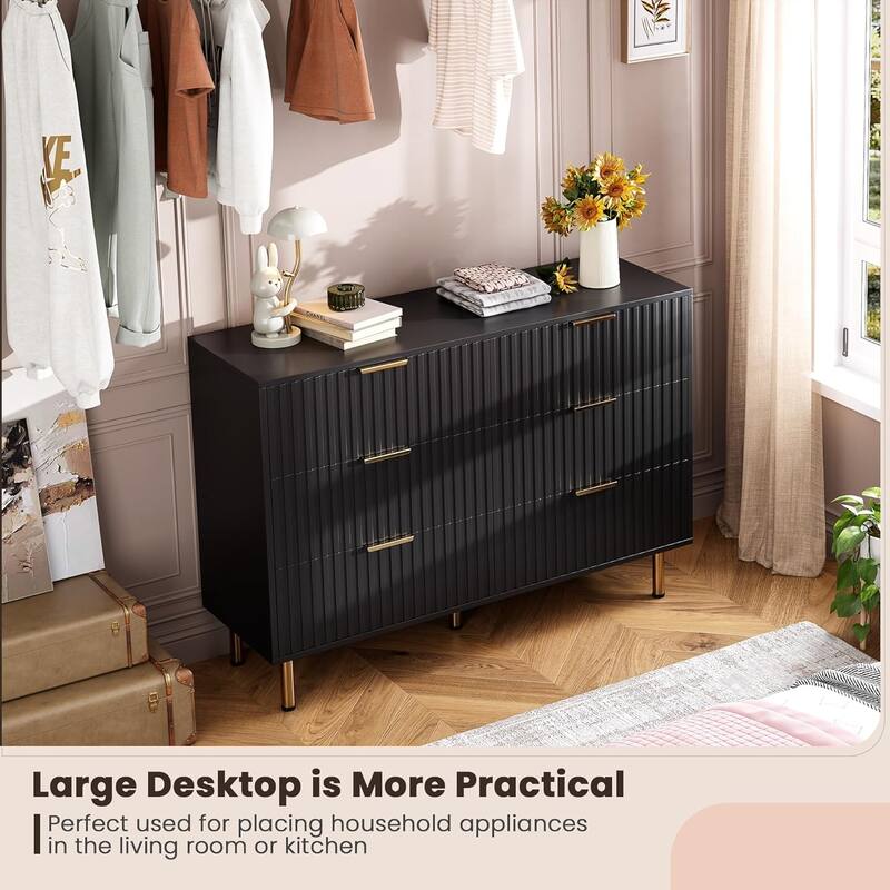 Fluted 6 Drawer Dresser, Modern Wide Chest with Deep Drawers, Wooden Storage Organizer for Living Room, Hallway