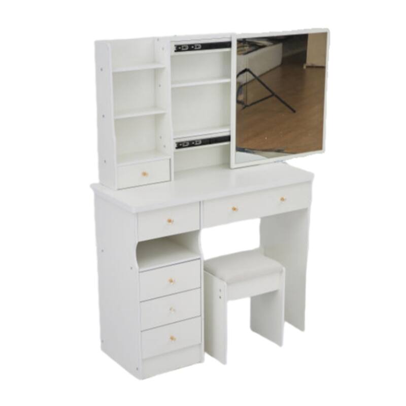 37" Bedroom Vanity Set with Sliding Mirror & Cushioned Stool