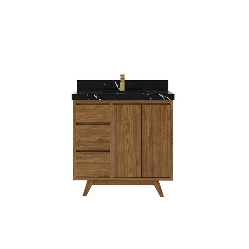 Willow Collections 36 in. W x 22 in. D Madison Teak Center Sink Bathroom Vanity with Countertop - 2"Calacatta Black - Gold Teak