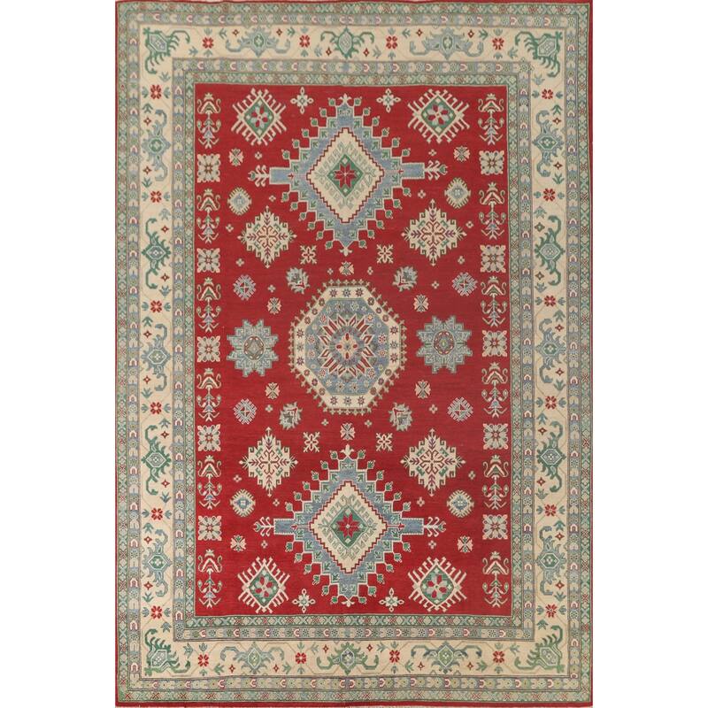 Red Geometric Kazak Oriental Area Rug Handmade Traditional Wool Carpet - 8'4"x 11'7"