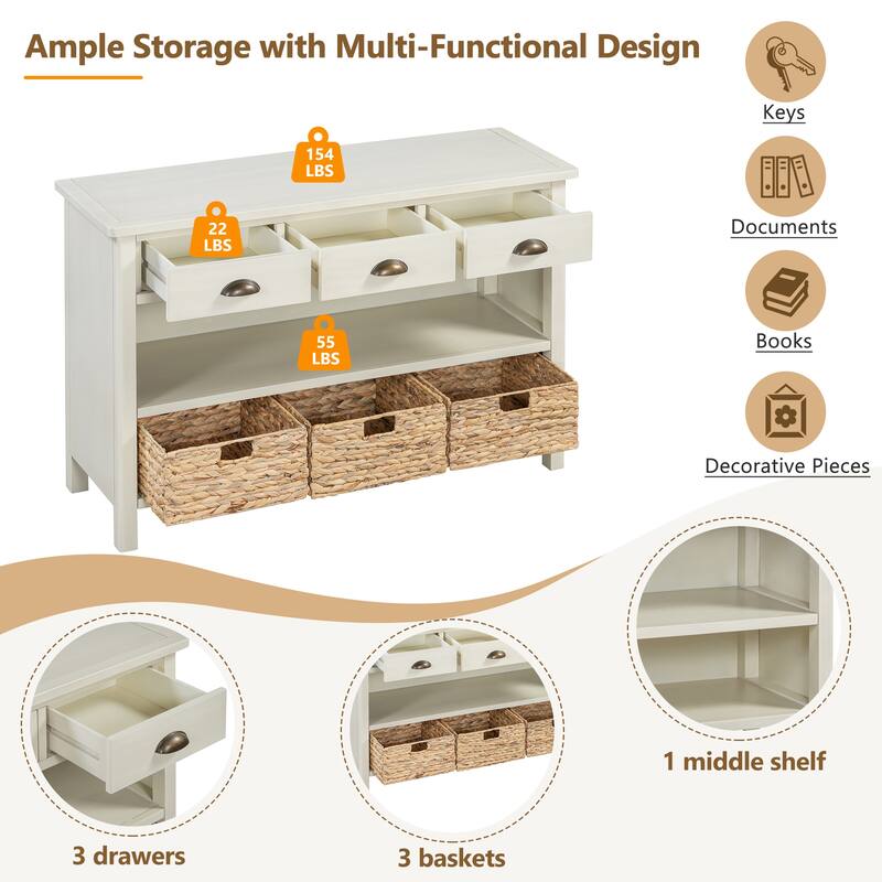 Console Table with 3 Storage Drawers, Entryway Table with 3 Water Hyacinth Woven Baskets, Sofa Table with Wooden Top