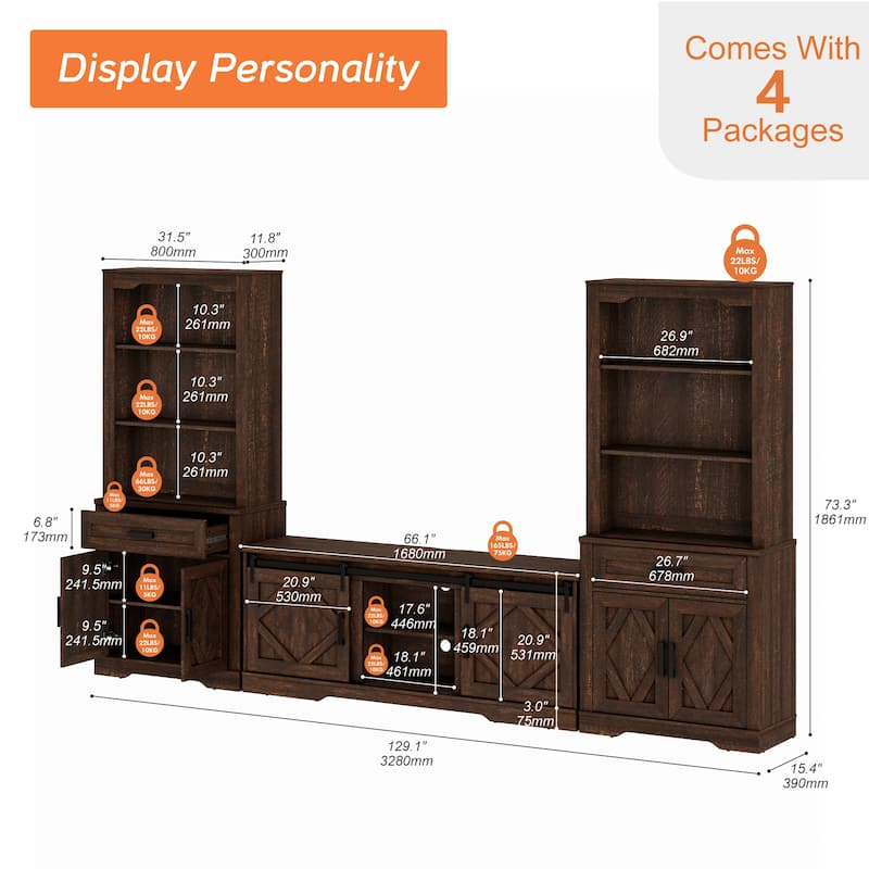 Modern Farmhouse TV Stand with Bookcase for 65" 75" TV with Barn Door for Living Room, Bedroom & Home Office