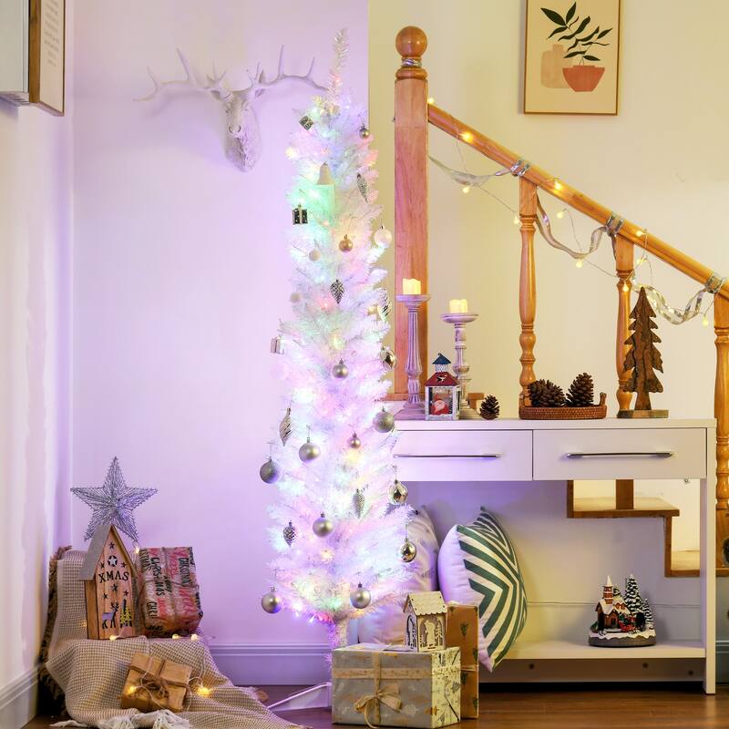 HOMCOM Pre-Lit Pencil Christmas Tree - Colorful LED Lights, White Branches