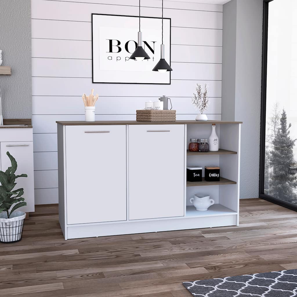 Multi-functional Kitchen Island Cart with Storage Cabinets and Open Shelves, 59.05"W x 26.37"D, White and Dark Brown Finish