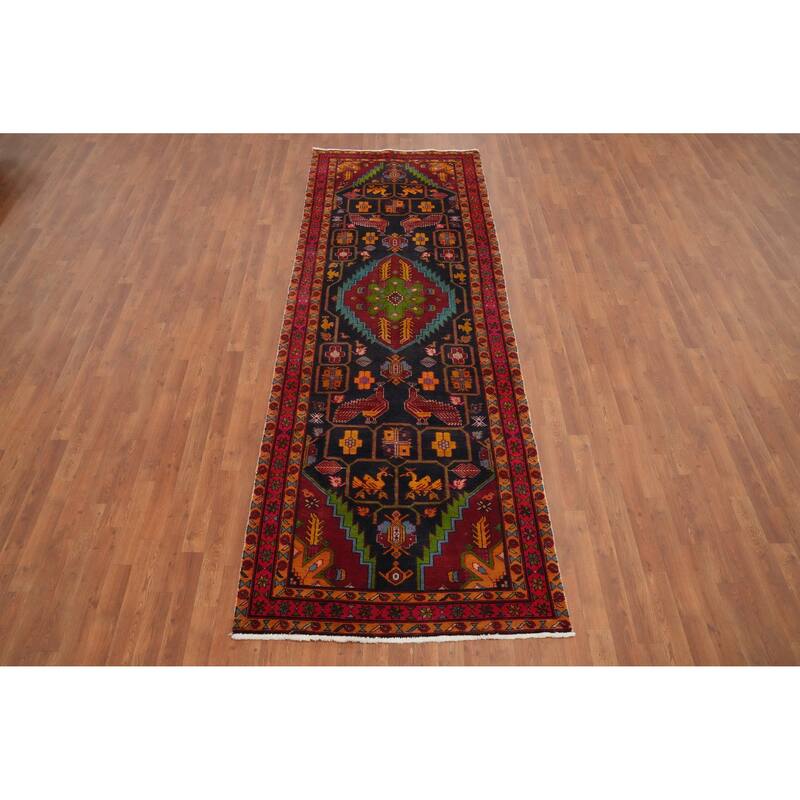 Hand Knotted Oriental 100% Wool Carpet Traditional Tribal Navy Blue & Blues Tabriz Runner Rug - 10' 3'' X 3' 8''