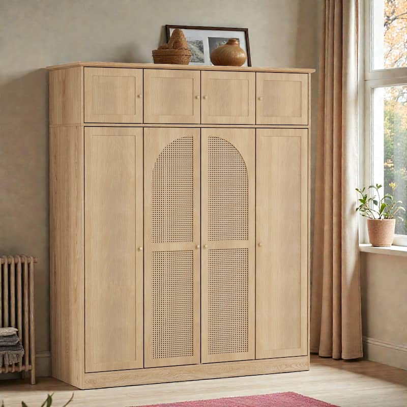 Tall 8 Door Armoire Wardrobe Closet with Hanging Rod and Adjustable Shelves, Rattan Door Storage Cabinet