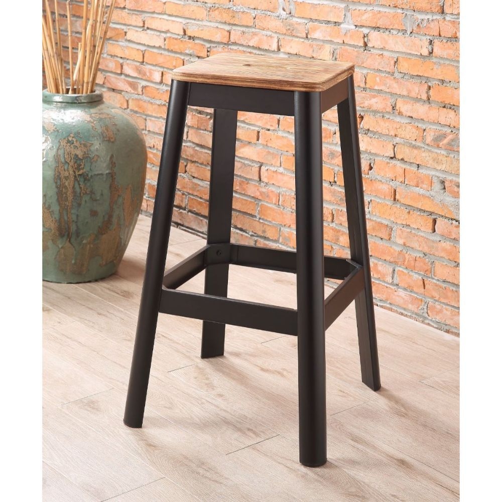Industrial Bar Stool single Wooden Stationary Seat Square Armless Backless Stool with Metal Leg and Crossbar Supports