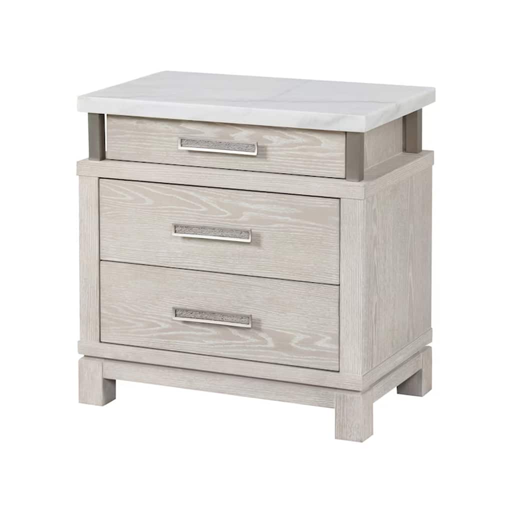 Loji Nightstand, 3 Drawers, White Marble Top, Weathered Gray, 29 Inch