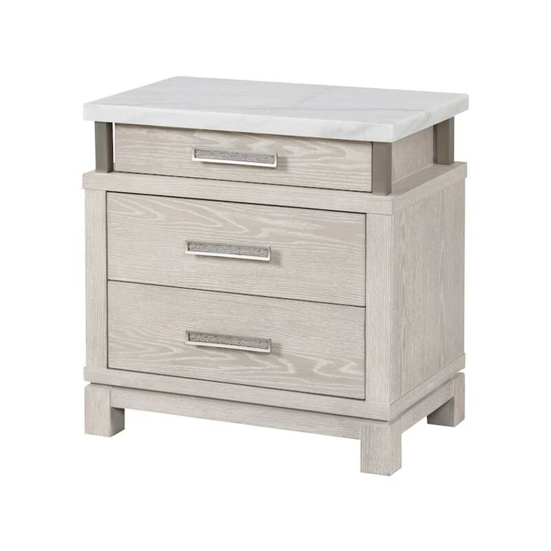 Loji Nightstand, 3 Drawers, White Marble Top, Weathered Gray, 29 Inch