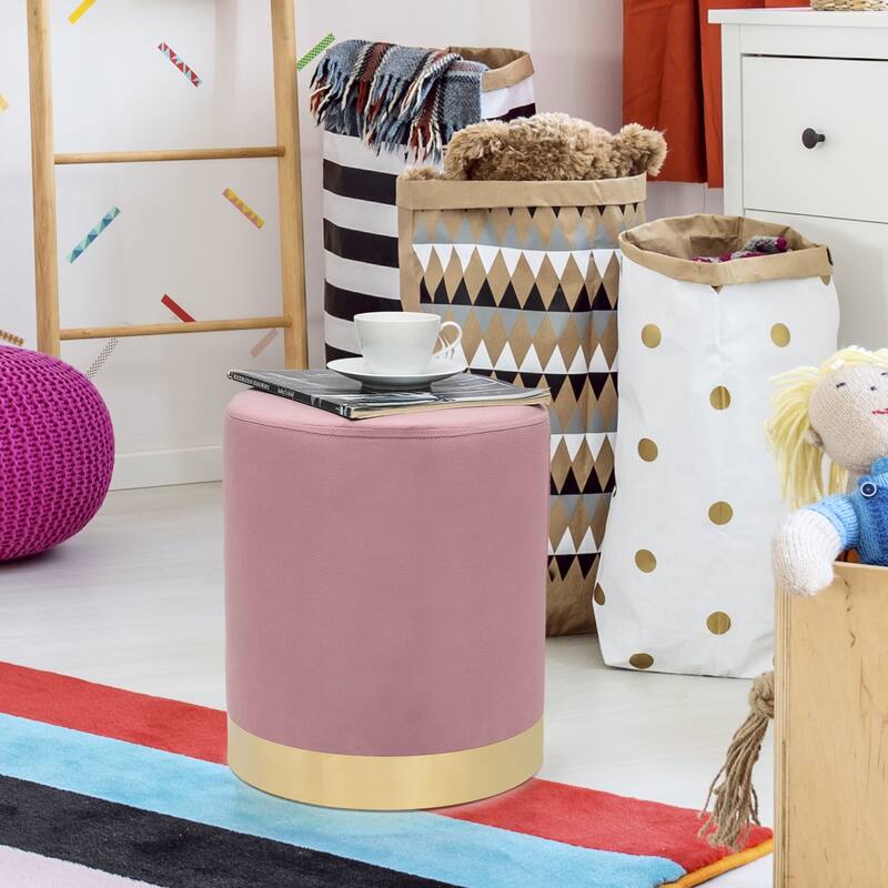 Adeco Round Ottoman Footstool Velvet Padded Vanity Stool Gold Trim