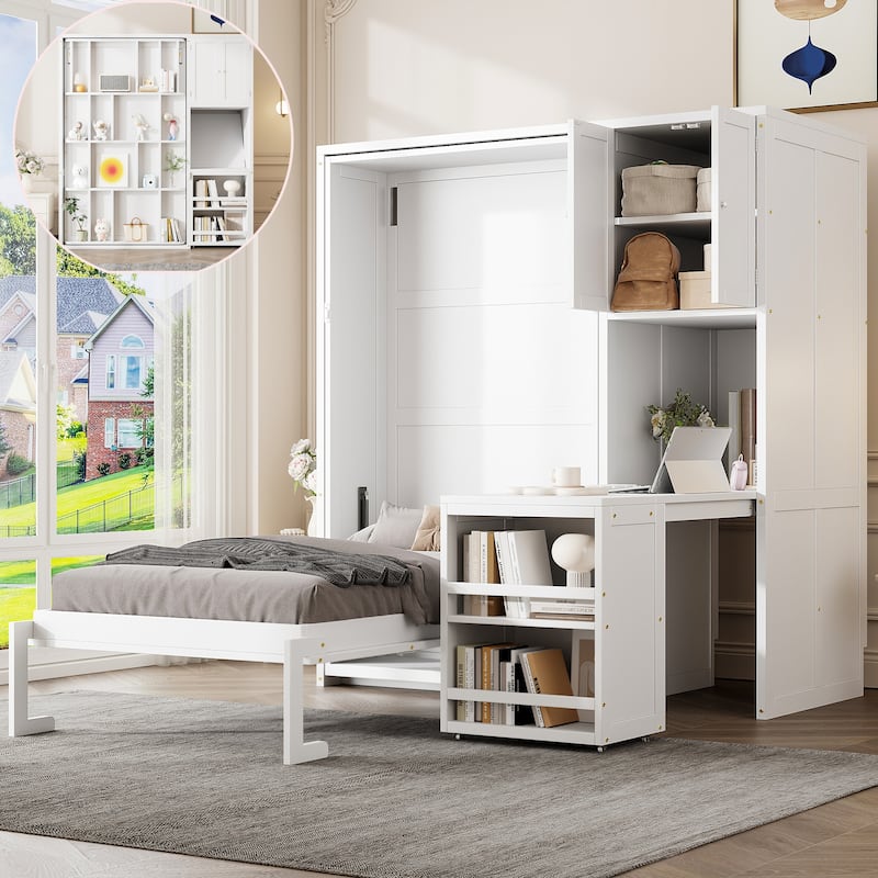 Rotating Twin Size Murphy Bed with Bookshelf, Desk, and Storage in White - White