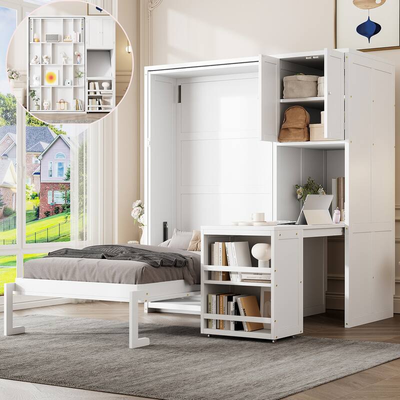 Twin Size Rotating Murphy Wall Bed with Bookshelf, Top Cabinet, Modern Foldable Cabinet Bed with Extendable Desk, Side Storage - White
