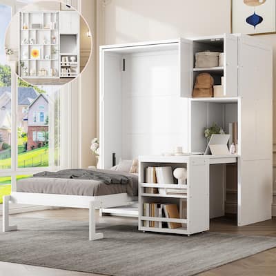 Twin Size Rotating Murphy Wall Bed with Bookshelf, Top Cabinet, Modern Foldable Cabinet Bed with Extendable Desk, Side Storage