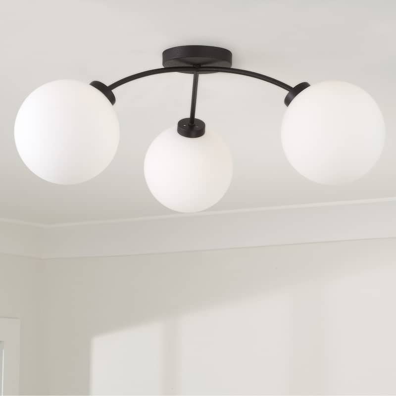28" W x 9.5" H 3-Light Semi Flush in Matte Black with Soft White Glass Globes - 28"W x 9.5"H