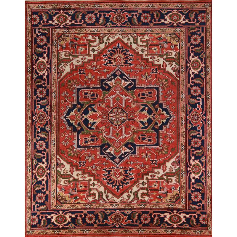 Hand Knotted Oriental 100% Wool Carpet Traditional Medallion Oranges & Rust Heriz (serapi) Area Rug - 9' 10'' X 8' 1''