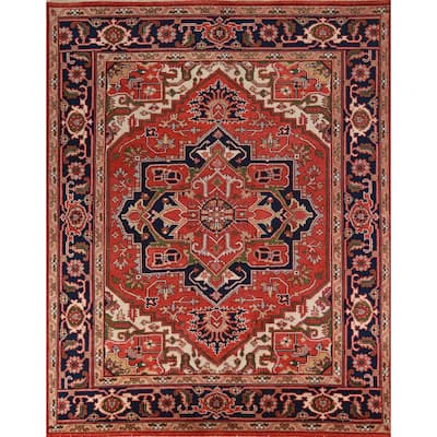 Hand Knotted Oriental 100% Wool Carpet Traditional Medallion Oranges & Rust Heriz (serapi) Area Rug - 9' 10'' X 8' 1''
