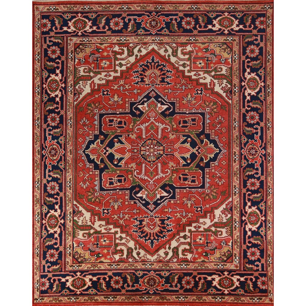 Hand Knotted Oriental 100% Wool Carpet Traditional Medallion Oranges & Rust Heriz (serapi) Area Rug - 9' 10'' X 8' 1''