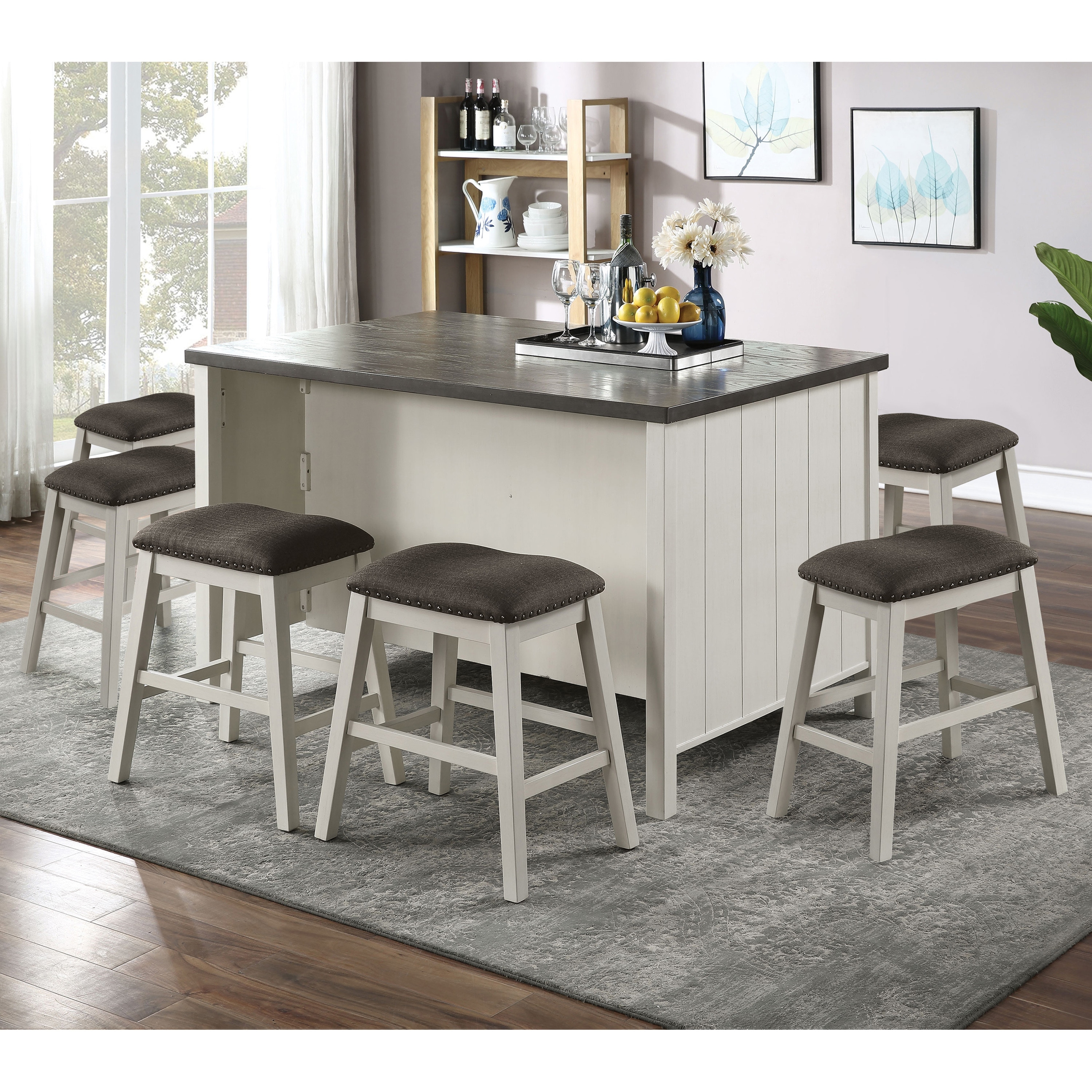 Furniture of America Hanto Transitional White Solid Wood Storage 7-Piece Counter Height Dining Set
