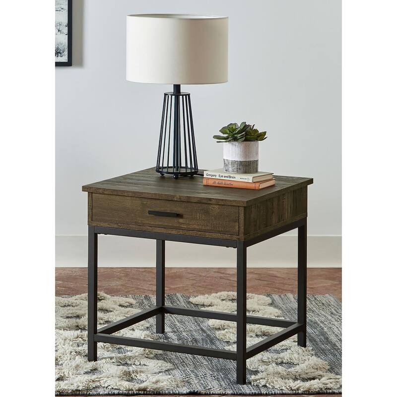 Maillard Style Brown Oak and Sandy Black Square End Table,Plant Stands - Brown