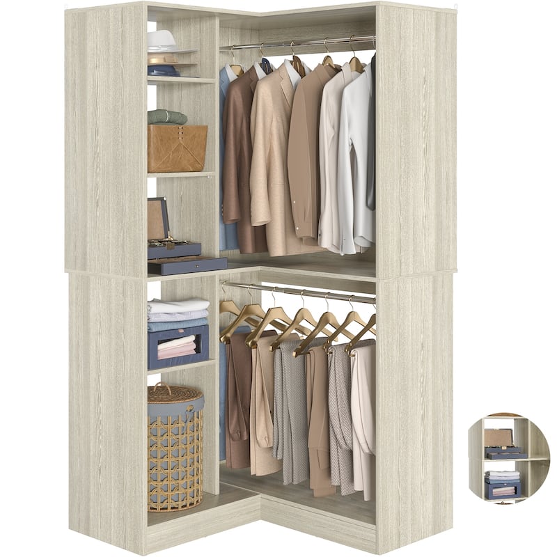Qvella 72"-108" Closet System with Drawers and Hanging Rods,Freestanding Walk-in Closet Organizer System Wardrobe Closet Tower