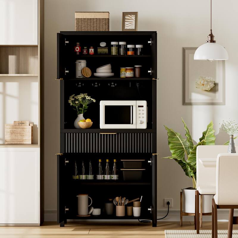 71"Pantry Storage Cabinet with Drawer, Charging Station and Open Countertop for Dining Living Room