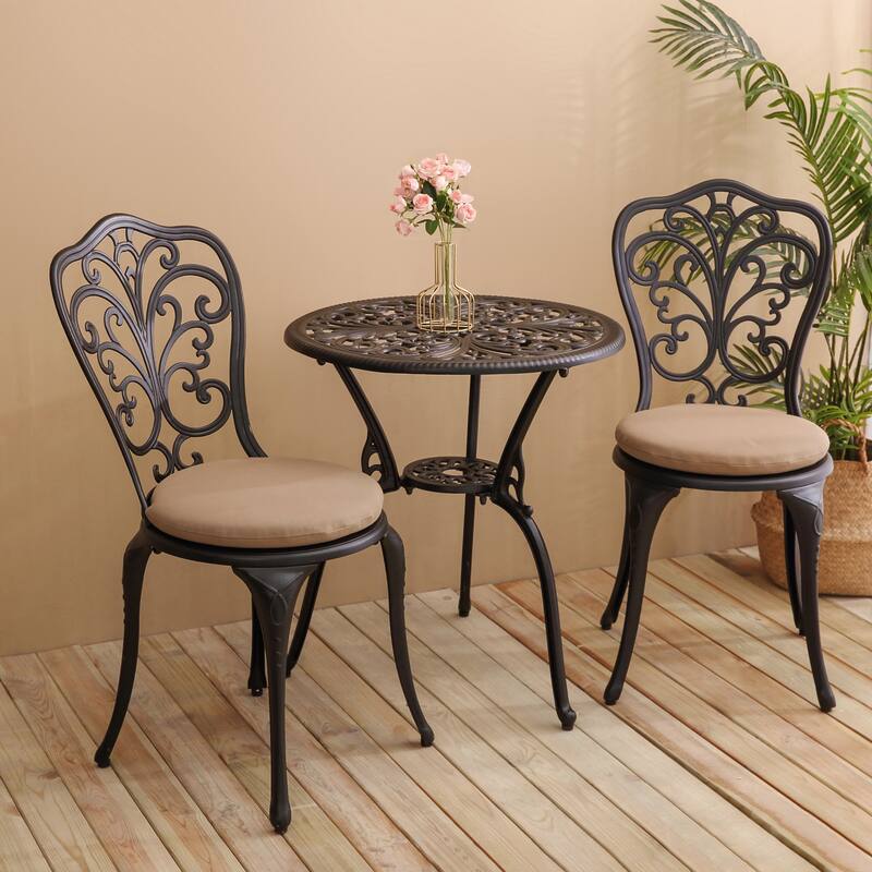 3-Piece Aluminum Outdoor Patio Butterfly Table and Chairs with Umbrella Hole - Black+Cushion